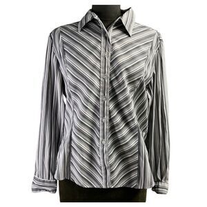 DCC Ladies Easy Care Stretch Button Up Blouse Size L Black White Gray Stripes